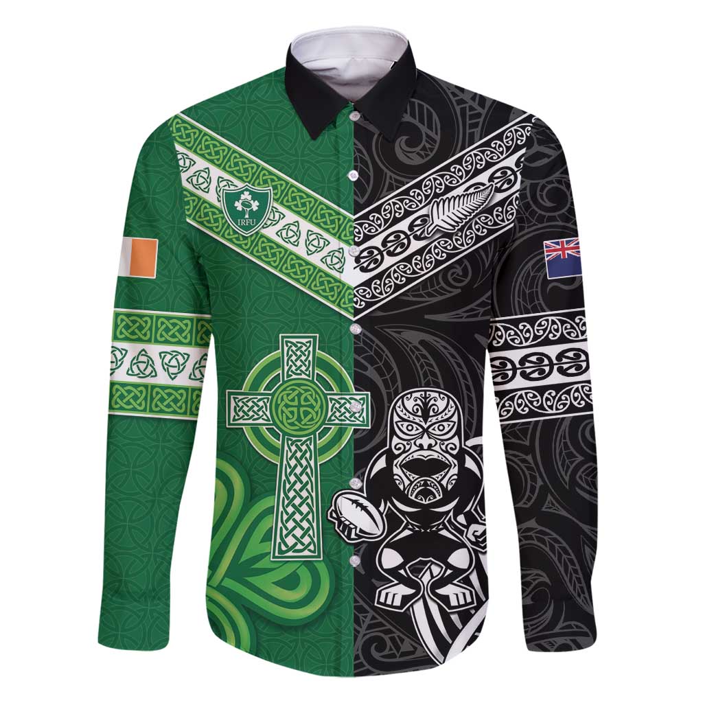 New Zealand And Ireland Rugby Custom Family Matching Off Shoulder Maxi Dress and Hawaiian Shirt Maori Tiki With Shamrock LT05 Dad's Shirt - Long Sleeve Black - Polynesian Pride