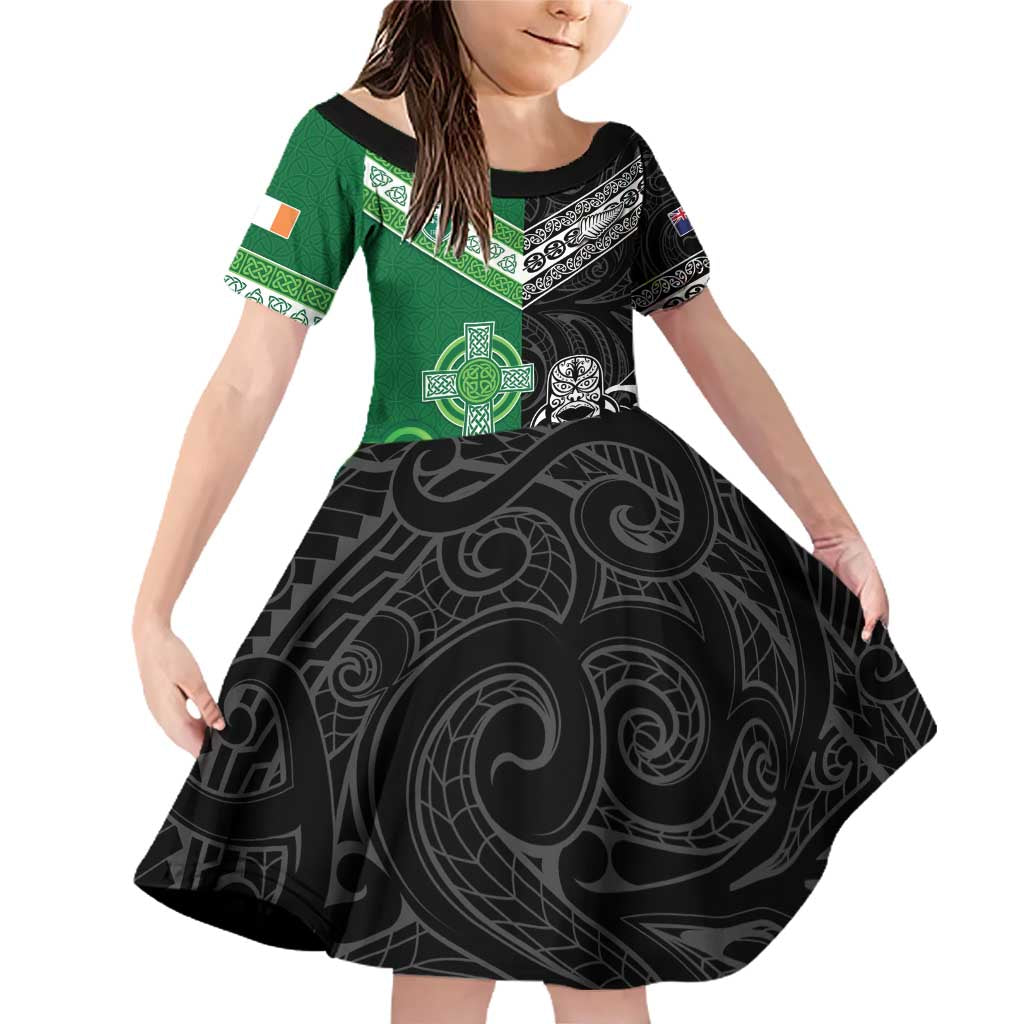 New Zealand And Ireland Rugby Custom Family Matching Off Shoulder Short Dress and Hawaiian Shirt Maori Tiki With Shamrock
