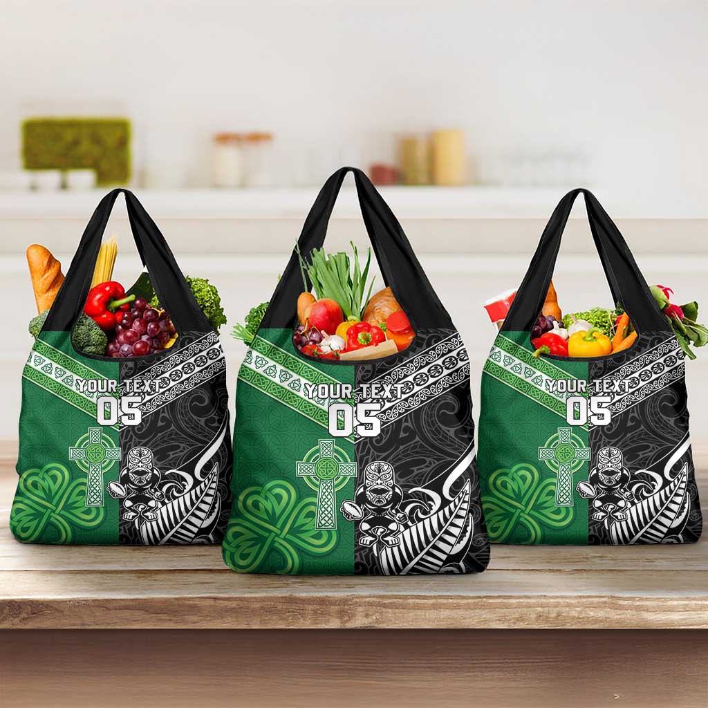 New Zealand And Ireland Rugby Custom Grocery Bag Maori Tiki With Shamrock
