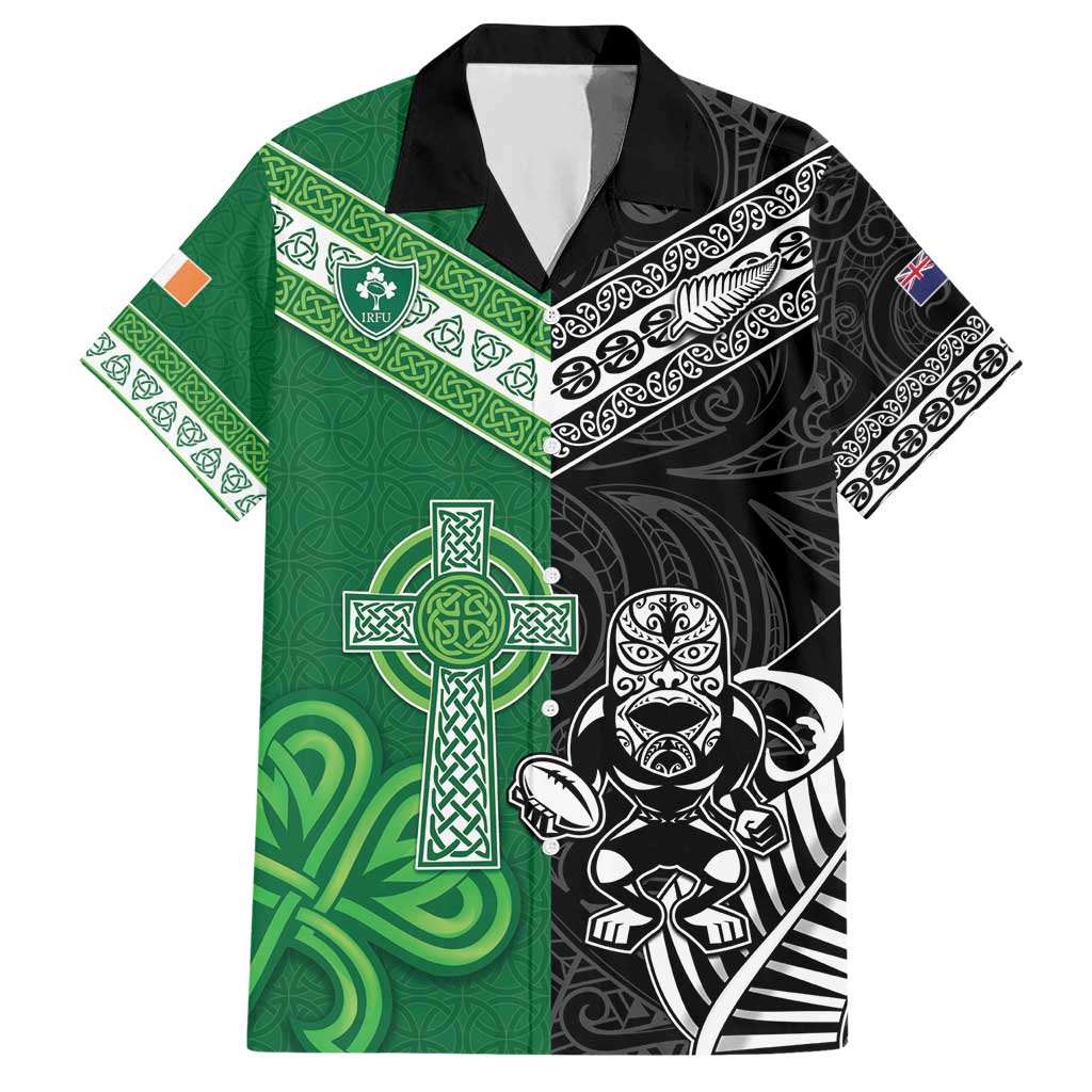 New Zealand And Ireland Rugby Custom Hawaiian Shirt Maori Tiki With Shamrock LT05 Black - Polynesian Pride