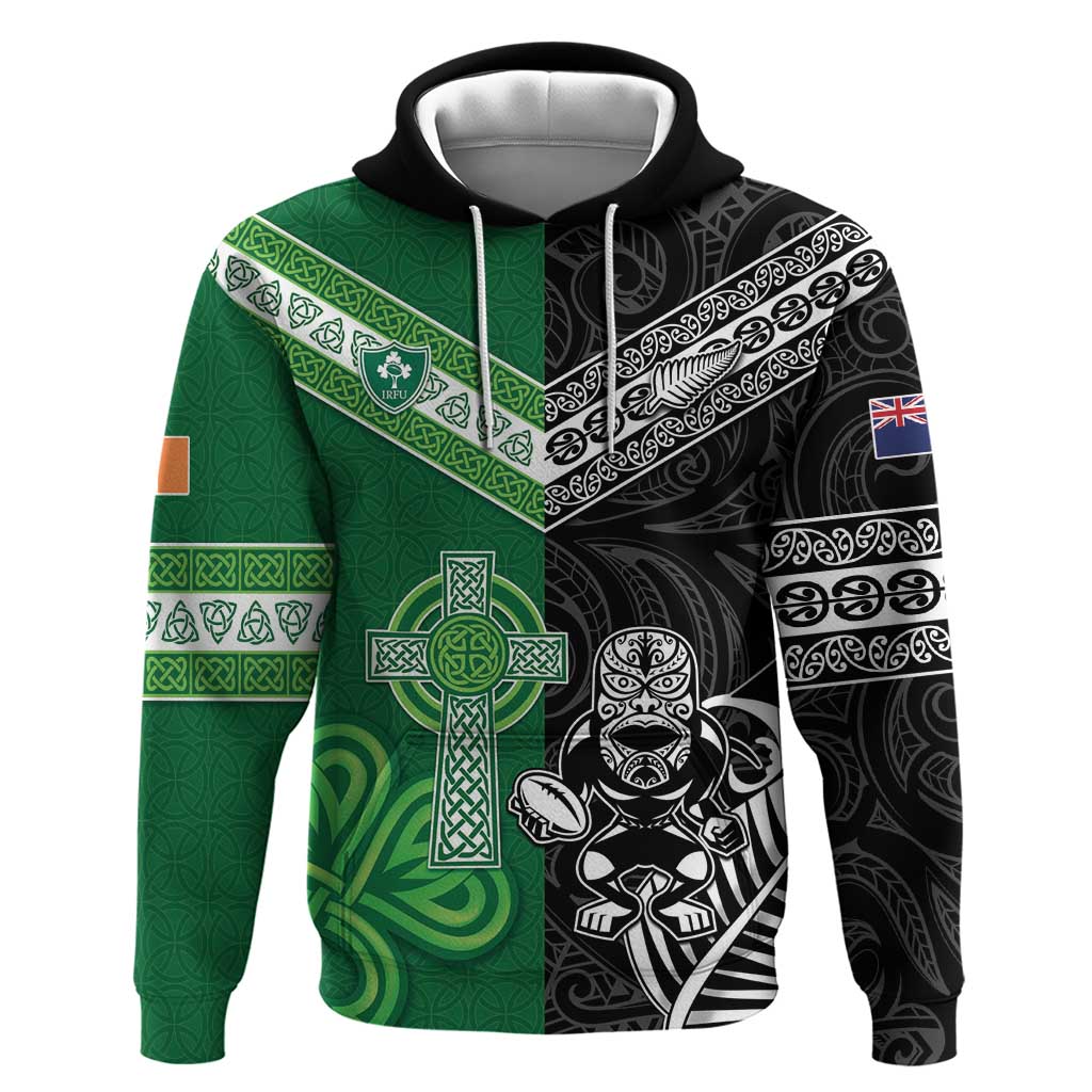 New Zealand And Ireland Rugby Custom Hoodie Maori Tiki With Shamrock LT05 Pullover Hoodie Black - Polynesian Pride