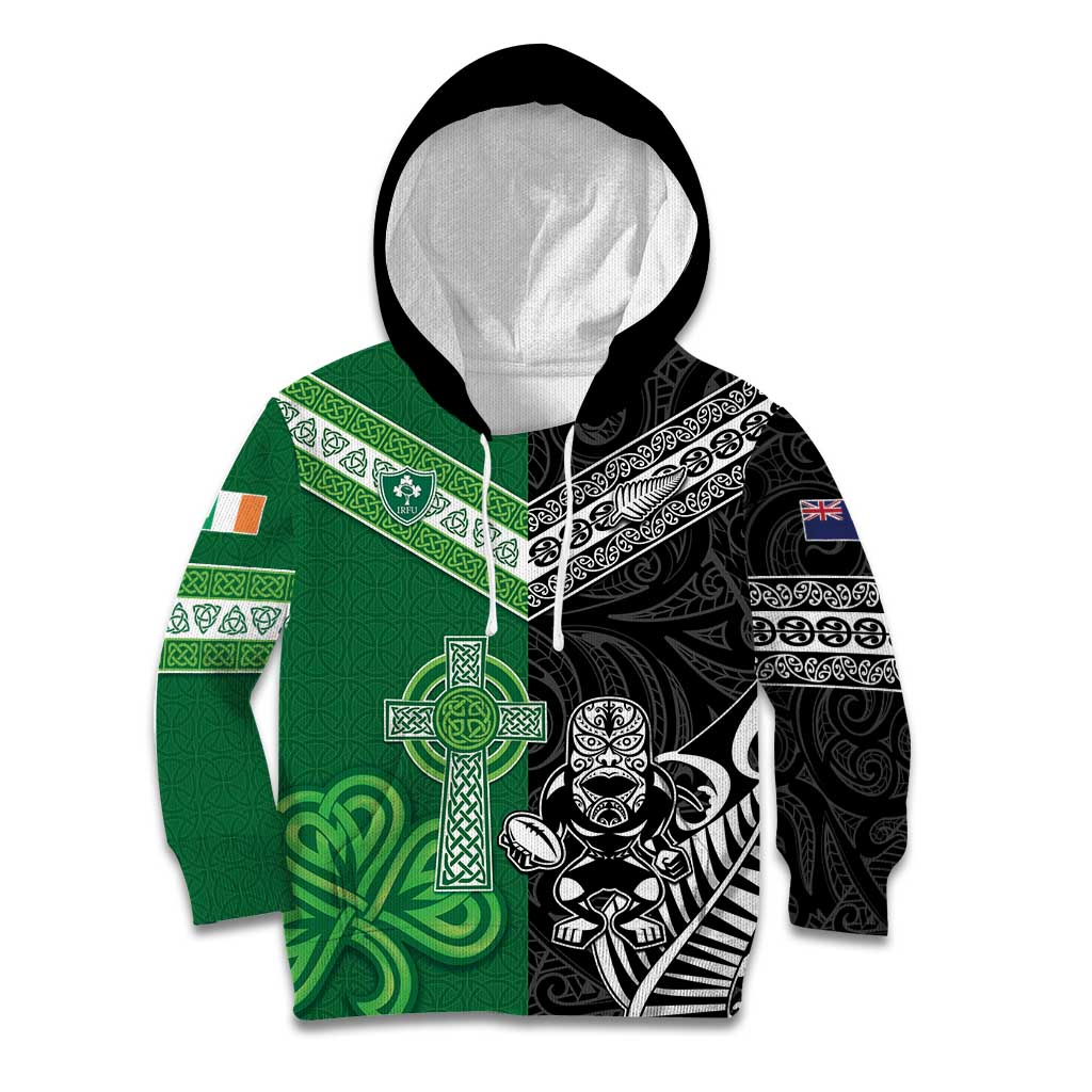 New Zealand And Ireland Rugby Custom Kid Hoodie Maori Tiki With Shamrock