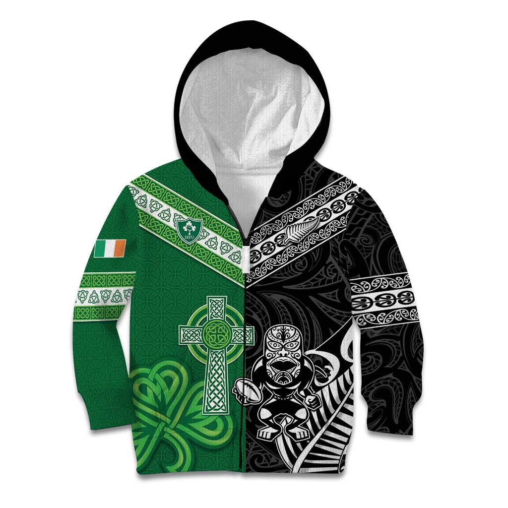 New Zealand And Ireland Rugby Custom Kid Hoodie Maori Tiki With Shamrock LT05 Zip Hoodie Black - Polynesian Pride