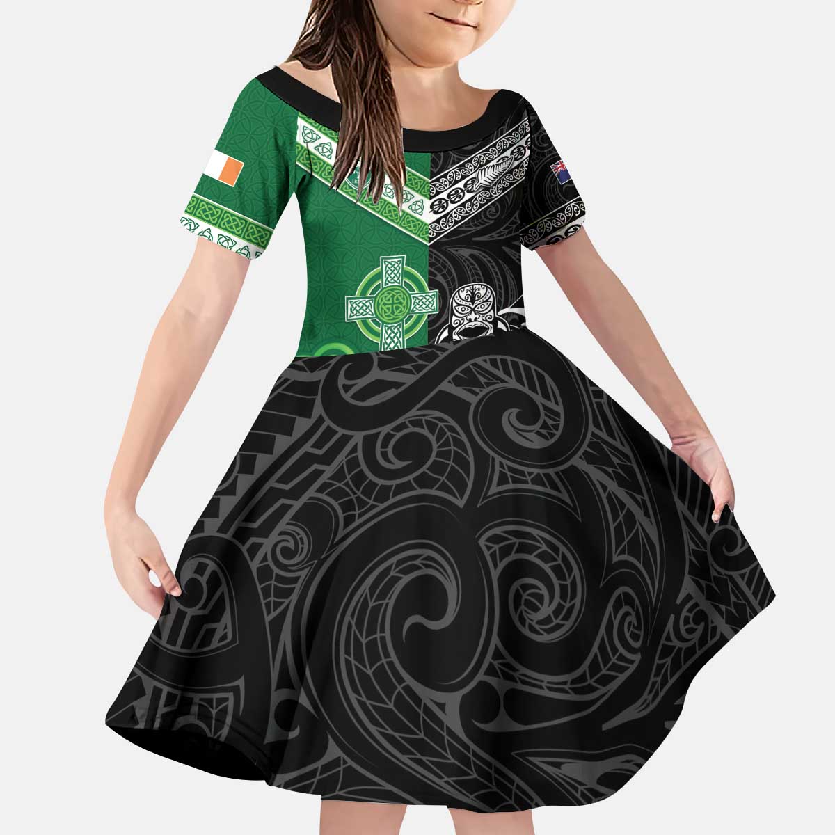 New Zealand And Ireland Rugby Custom Kid Short Sleeve Dress Maori Tiki With Shamrock LT05 KID Black - Polynesian Pride