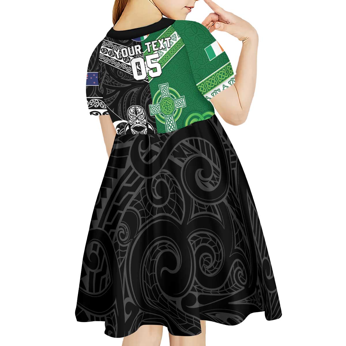 New Zealand And Ireland Rugby Custom Kid Short Sleeve Dress Maori Tiki With Shamrock LT05 - Polynesian Pride