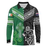 New Zealand And Ireland Rugby Custom Long Sleeve Polo Shirt Maori Tiki With Shamrock LT05 Black - Polynesian Pride
