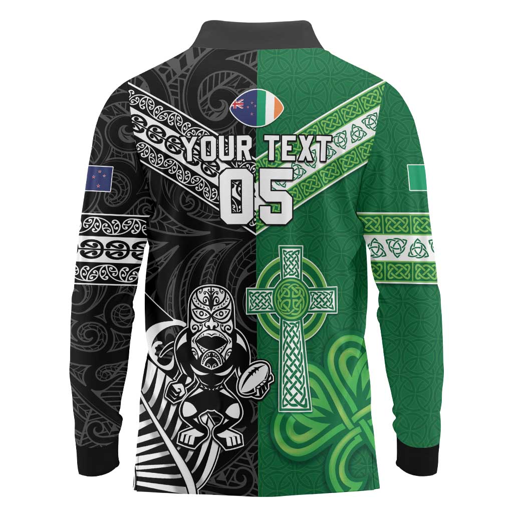 New Zealand And Ireland Rugby Custom Long Sleeve Polo Shirt Maori Tiki With Shamrock LT05 - Polynesian Pride