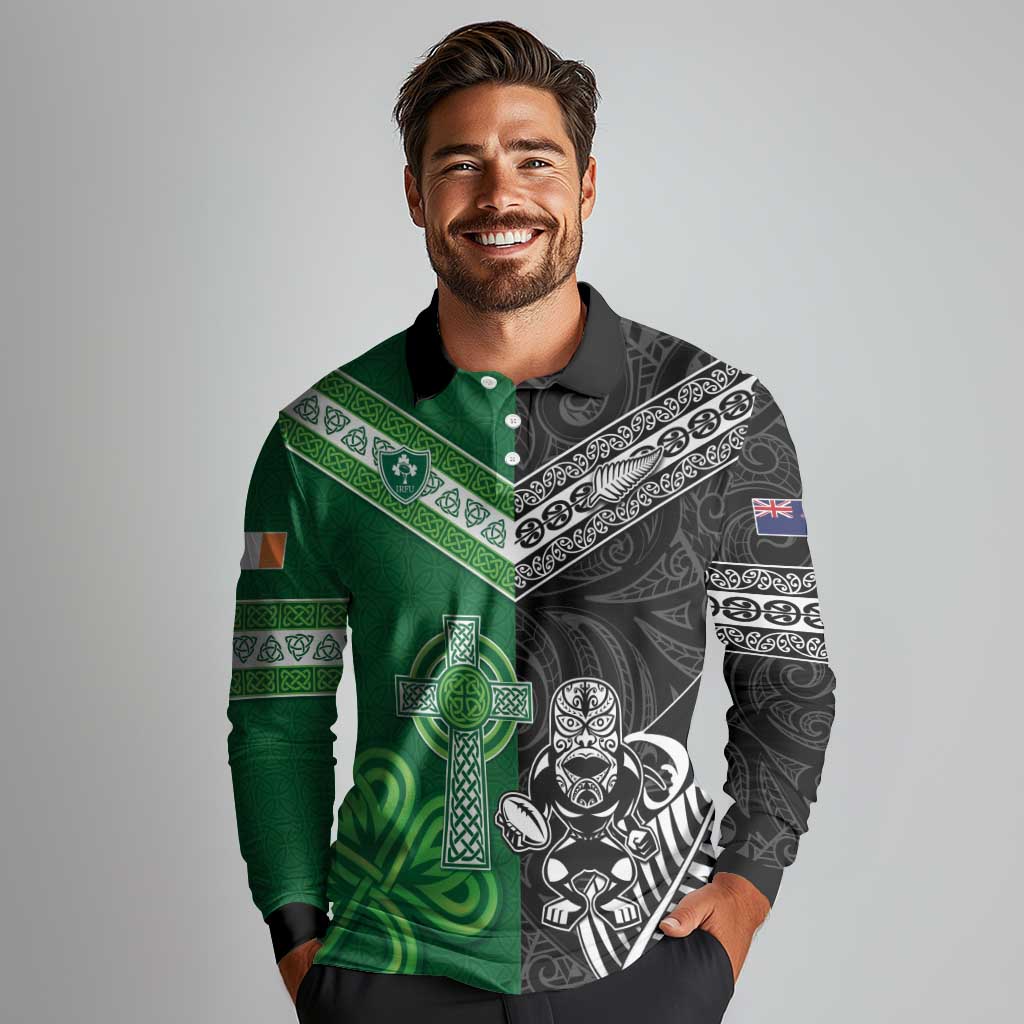 New Zealand And Ireland Rugby Custom Long Sleeve Polo Shirt Maori Tiki With Shamrock LT05 - Polynesian Pride