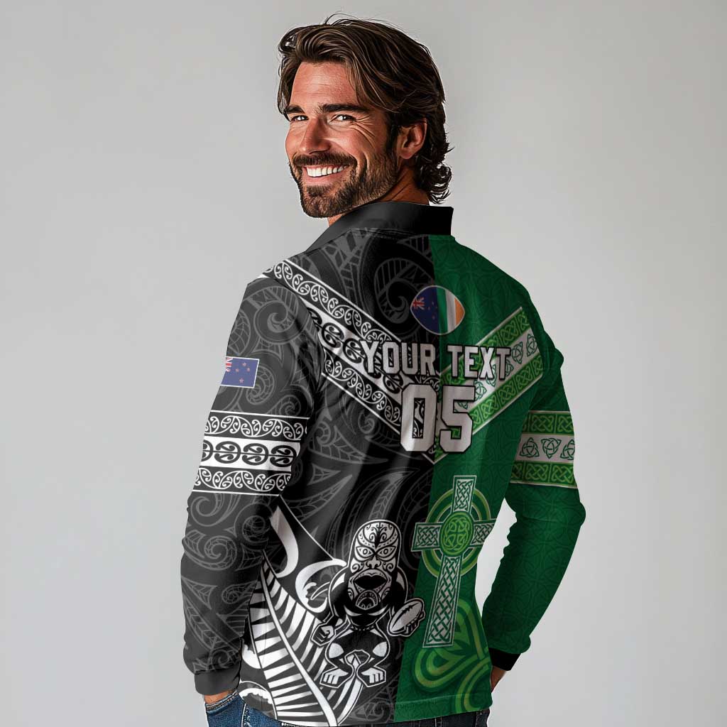 New Zealand And Ireland Rugby Custom Long Sleeve Polo Shirt Maori Tiki With Shamrock LT05 - Polynesian Pride