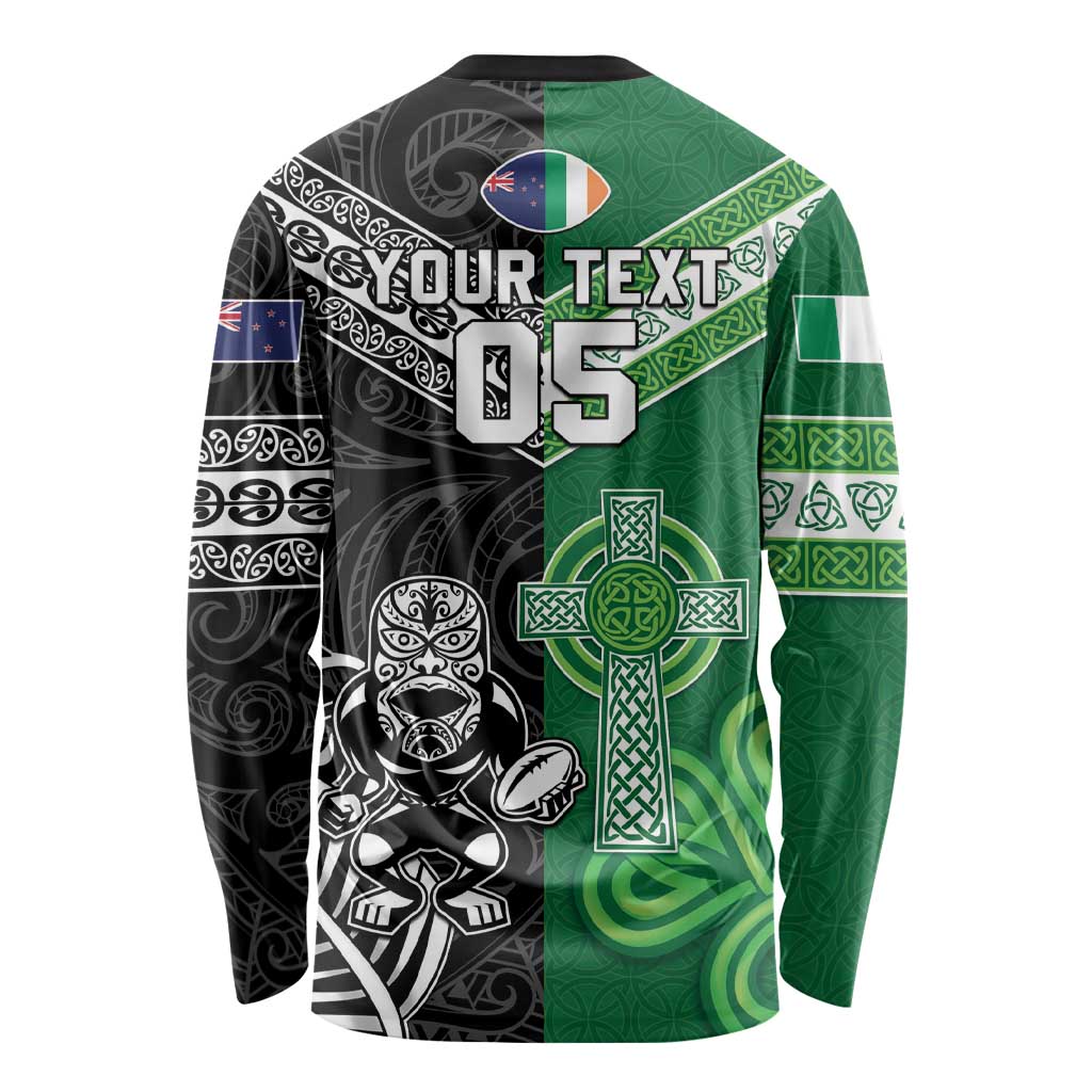 New Zealand And Ireland Rugby Custom Long Sleeve Shirt Maori Tiki With Shamrock