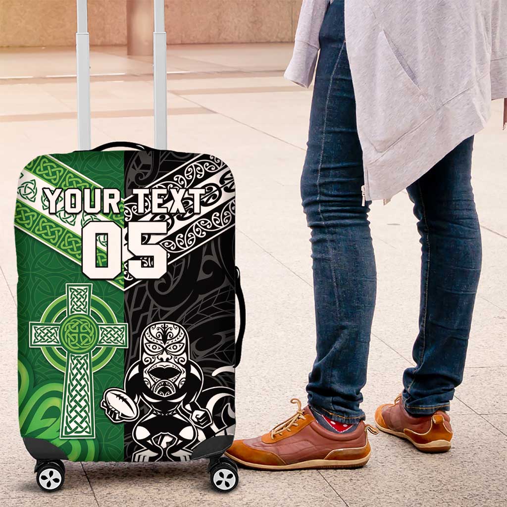 New Zealand And Ireland Rugby Custom Luggage Cover Maori Tiki With Shamrock LT05 Black - Polynesian Pride