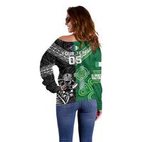 New Zealand And Ireland Rugby Custom Off Shoulder Sweater Maori Tiki With Shamrock LT05 - Polynesian Pride