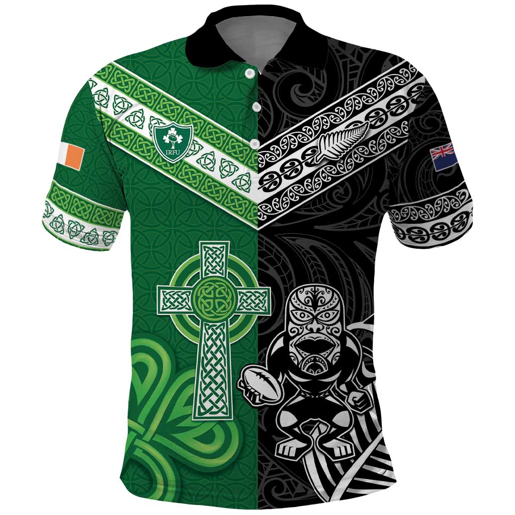 New Zealand And Ireland Rugby Custom Polo Shirt Maori Tiki With Shamrock LT05 Black - Polynesian Pride