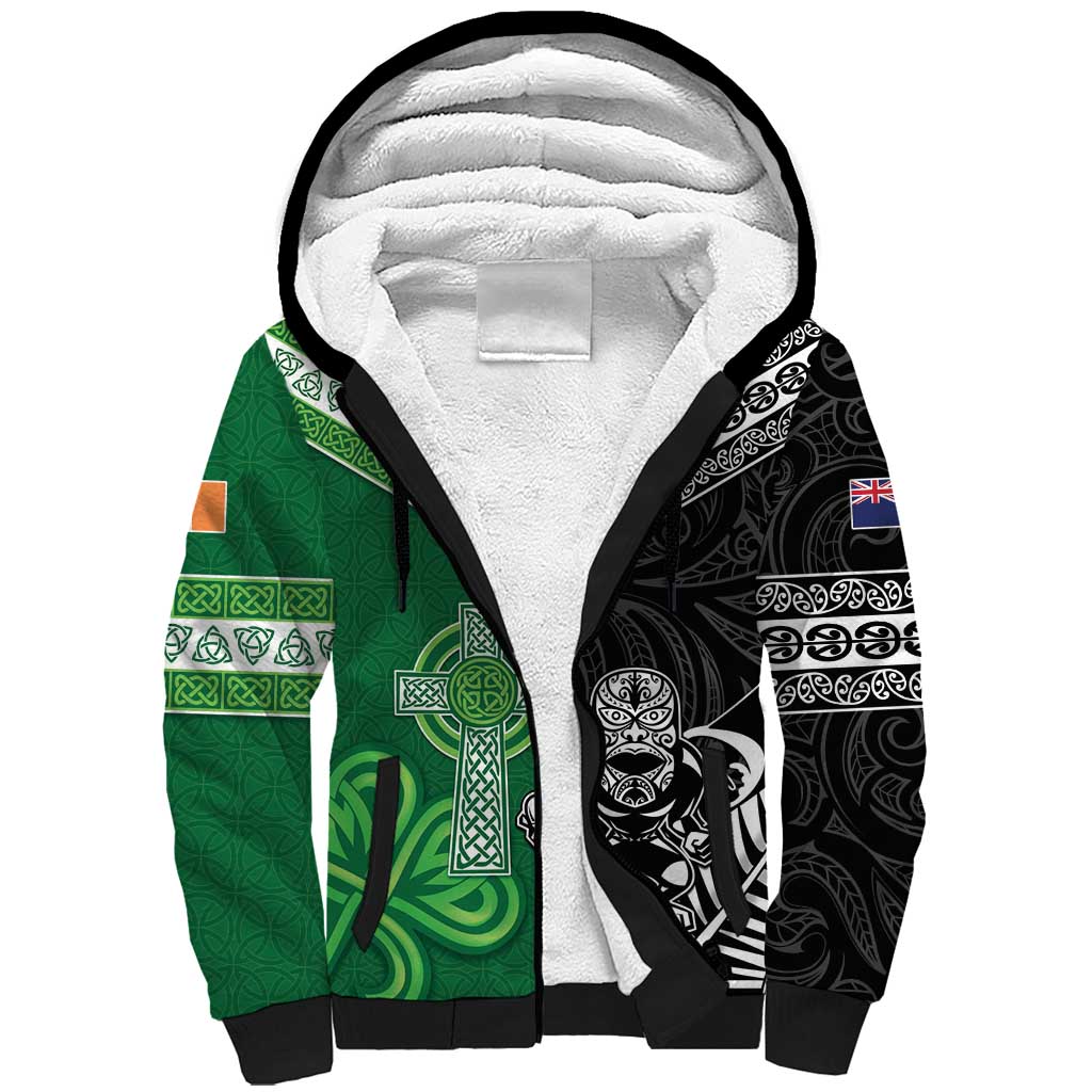 New Zealand And Ireland Rugby Custom Sherpa Hoodie Maori Tiki With Shamrock LT05 Unisex Black - Polynesian Pride
