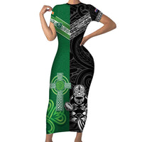 New Zealand And Ireland Rugby Custom Short Sleeve Bodycon Dress Maori Tiki With Shamrock LT05 Long Dress Black - Polynesian Pride
