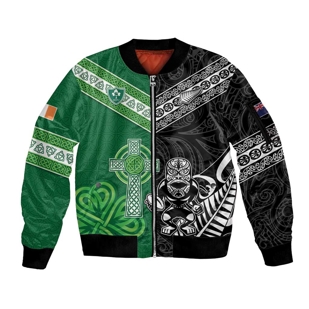 New Zealand And Ireland Rugby Custom Sleeve Zip Bomber Jacket Maori Tiki With Shamrock