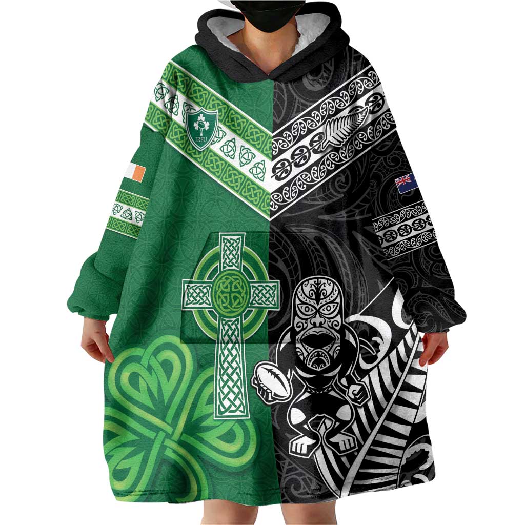 New Zealand And Ireland Rugby Custom Wearable Blanket Hoodie Maori Tiki With Shamrock LT05 - Polynesian Pride