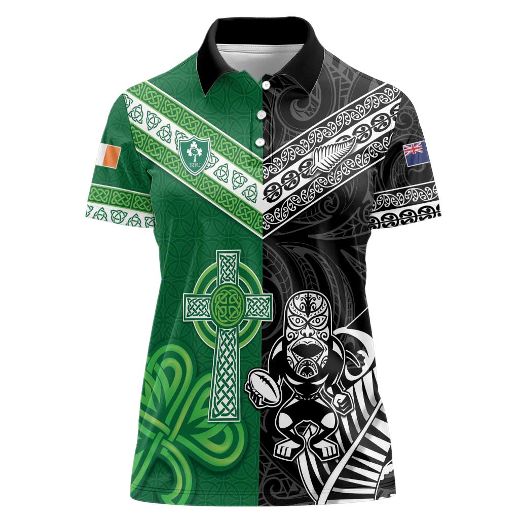 New Zealand And Ireland Rugby Custom Women Polo Shirt Maori Tiki With Shamrock LT05 Female Black - Polynesian Pride