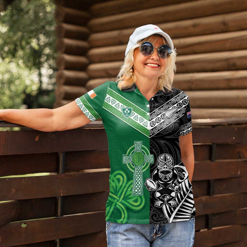 New Zealand And Ireland Rugby Custom Women Polo Shirt Maori Tiki With Shamrock LT05 - Polynesian Pride