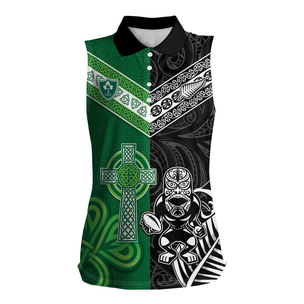 New Zealand And Ireland Rugby Custom Women Sleeveless Polo Shirt Maori Tiki With Shamrock LT05 Female Black - Polynesian Pride