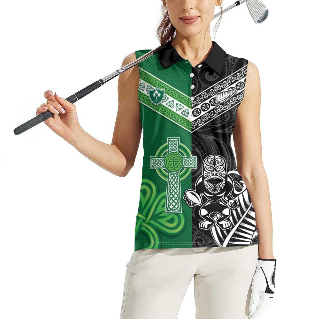 New Zealand And Ireland Rugby Custom Women Sleeveless Polo Shirt Maori Tiki With Shamrock LT05 - Polynesian Pride