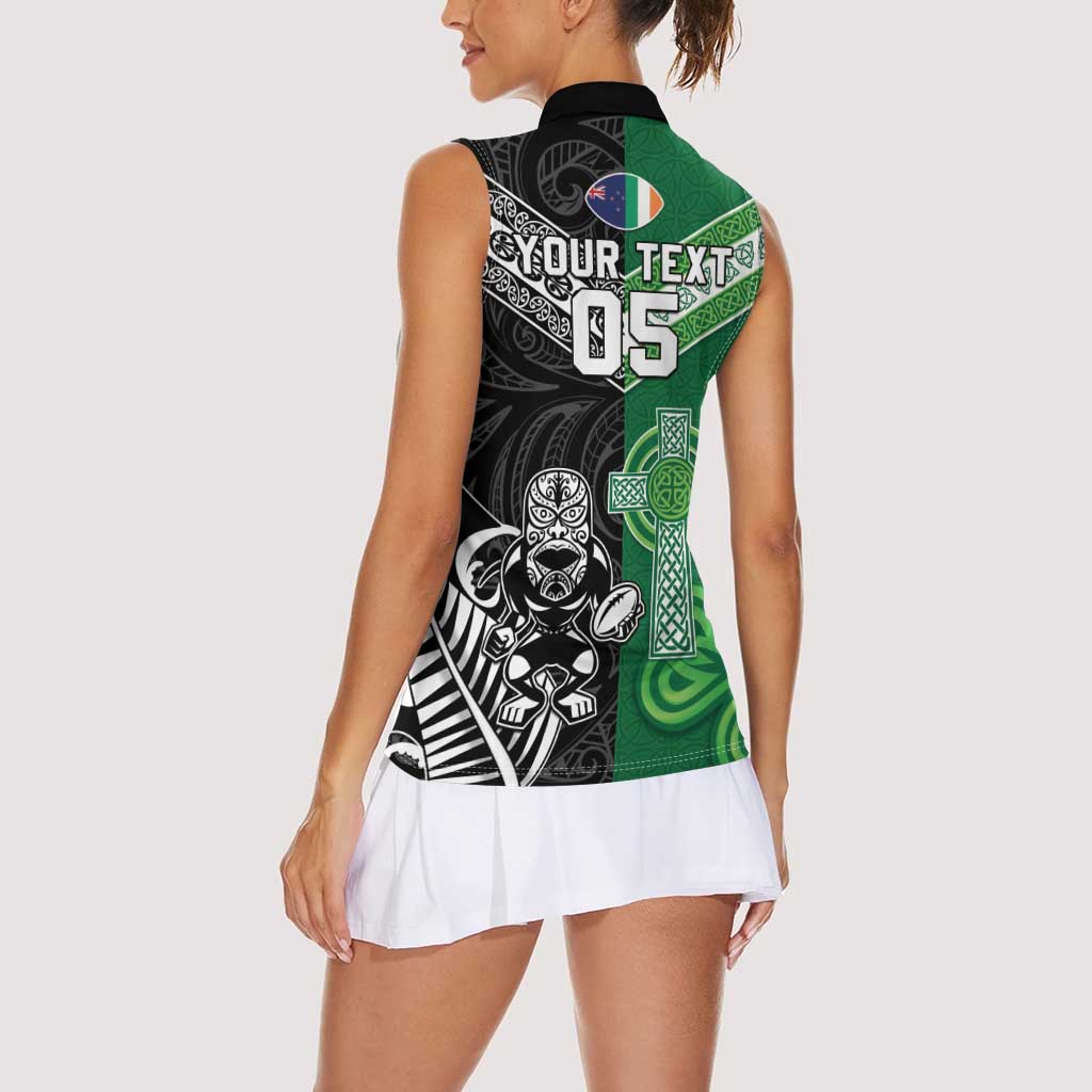 New Zealand And Ireland Rugby Custom Women Sleeveless Polo Shirt Maori Tiki With Shamrock LT05 - Polynesian Pride