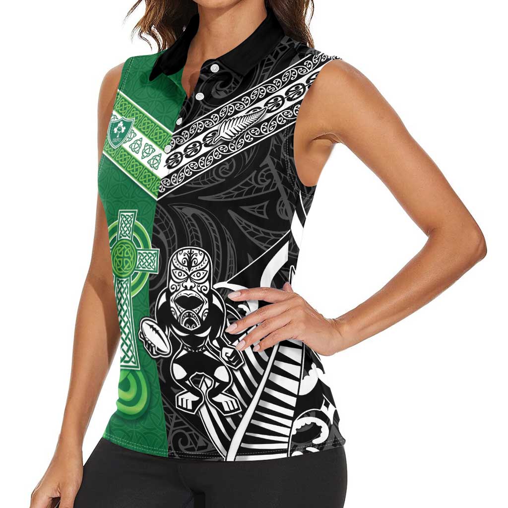 New Zealand And Ireland Rugby Custom Women Sleeveless Polo Shirt Maori Tiki With Shamrock LT05 - Polynesian Pride
