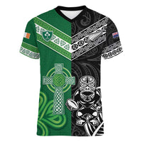 New Zealand And Ireland Rugby Custom Women V-Neck T-Shirt Maori Tiki With Shamrock LT05 Female Black - Polynesian Pride
