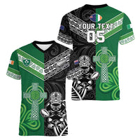 New Zealand And Ireland Rugby Custom Women V-Neck T-Shirt Maori Tiki With Shamrock LT05 - Polynesian Pride