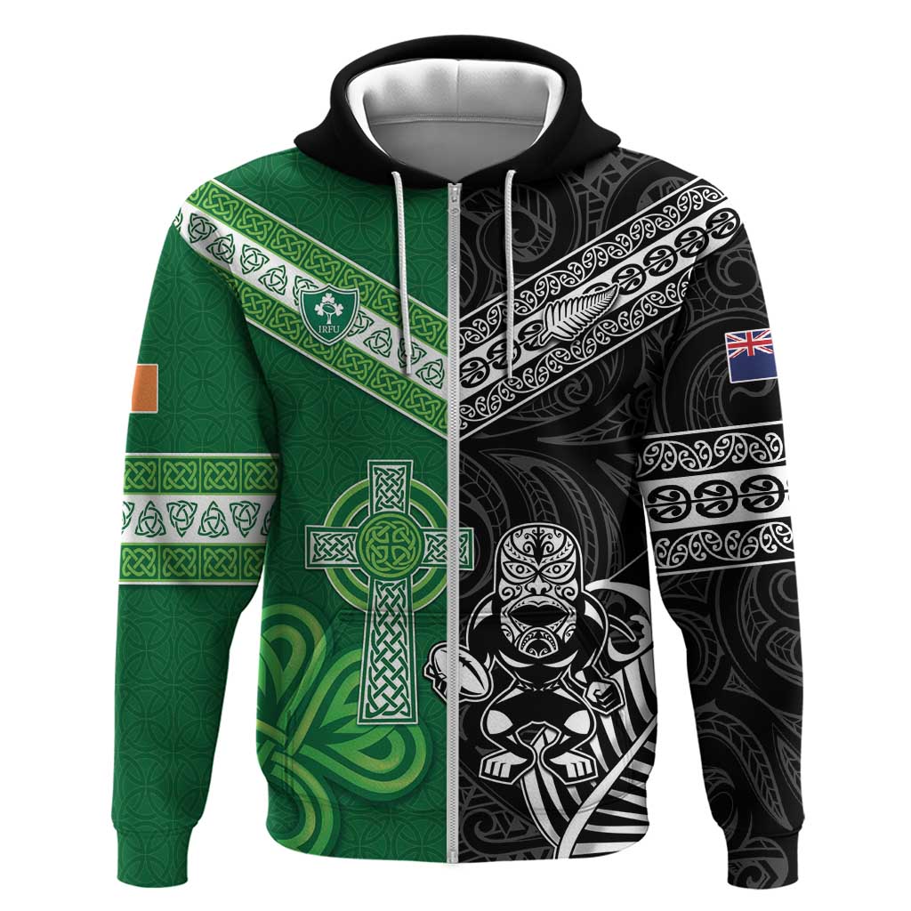 New Zealand And Ireland Rugby Custom Zip Hoodie Maori Tiki With Shamrock LT05 Zip Hoodie Black - Polynesian Pride