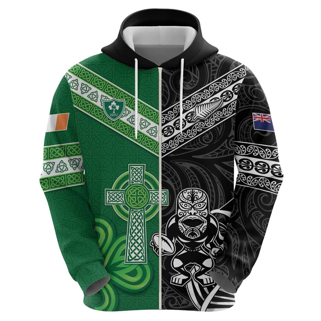 New Zealand And Ireland Rugby Custom Zip Hoodie Maori Tiki With Shamrock LT05 - Polynesian Pride