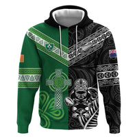 New Zealand And Ireland Rugby Custom Zip Hoodie Maori Tiki With Shamrock LT05 Pullover Hoodie Black - Polynesian Pride