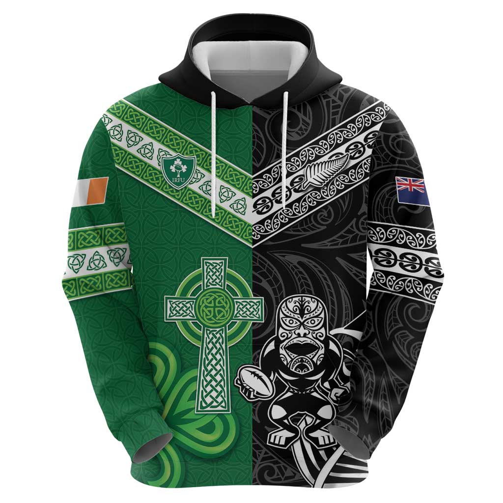 New Zealand And Ireland Rugby Custom Zip Hoodie Maori Tiki With Shamrock LT05 - Polynesian Pride