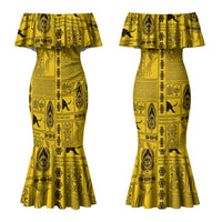 Papua New Guinea Heritage Motif Couples Matching Mermaid Dress and Long Sleeve Button Shirt Yellow Version LT05 - Polynesian Pride
