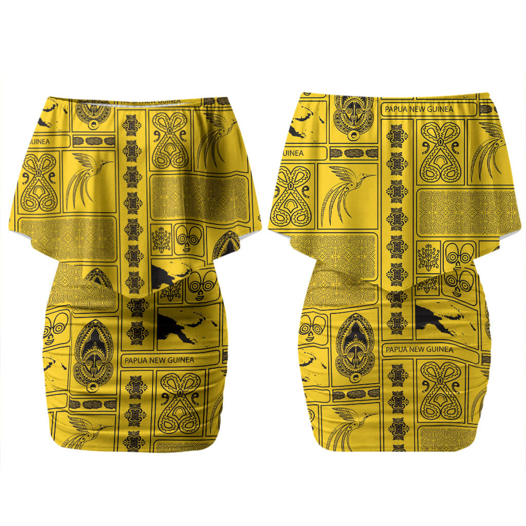 Papua New Guinea Heritage Motif Couples Matching Off Shoulder Short Dress and Long Sleeve Button Shirt Yellow Version LT05 - Polynesian Pride