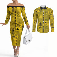 Papua New Guinea Heritage Motif Couples Matching Off The Shoulder Long Sleeve Dress and Long Sleeve Button Shirt Yellow Version LT05 Yellow - Polynesian Pride