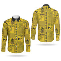 Papua New Guinea Heritage Motif Couples Matching Off The Shoulder Long Sleeve Dress and Long Sleeve Button Shirt Yellow Version LT05 - Polynesian Pride
