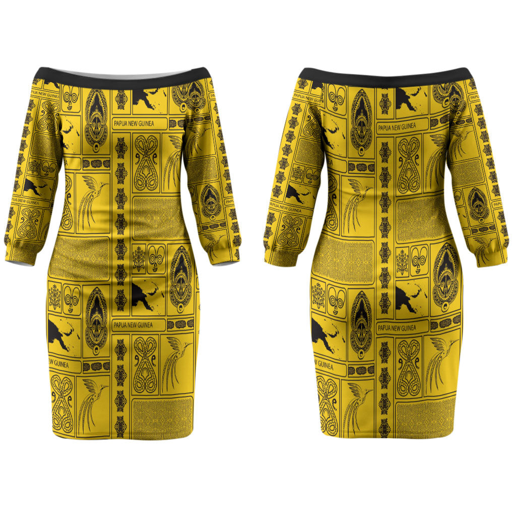 Papua New Guinea Heritage Motif Couples Matching Off The Shoulder Long Sleeve Dress and Long Sleeve Button Shirt Yellow Version LT05 - Polynesian Pride