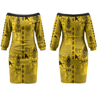 Papua New Guinea Heritage Motif Couples Matching Off The Shoulder Long Sleeve Dress and Long Sleeve Button Shirt Yellow Version LT05 - Polynesian Pride