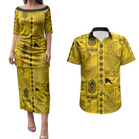 Papua New Guinea Heritage Motif Couples Matching Puletasi and Hawaiian Shirt Yellow Version LT05 Yellow - Polynesian Pride