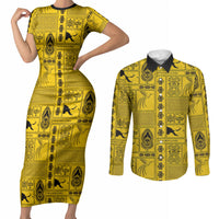 Papua New Guinea Heritage Motif Couples Matching Short Sleeve Bodycon Dress and Long Sleeve Button Shirt Yellow Version LT05 Yellow - Polynesian Pride