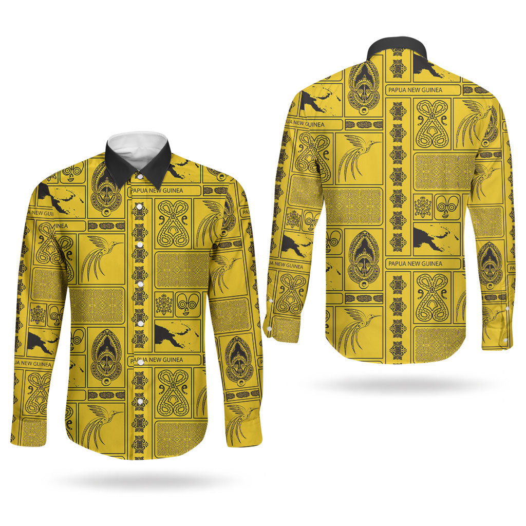 Papua New Guinea Heritage Motif Couples Matching Tank Maxi Dress and Long Sleeve Button Shirt Yellow Version LT05 - Polynesian Pride