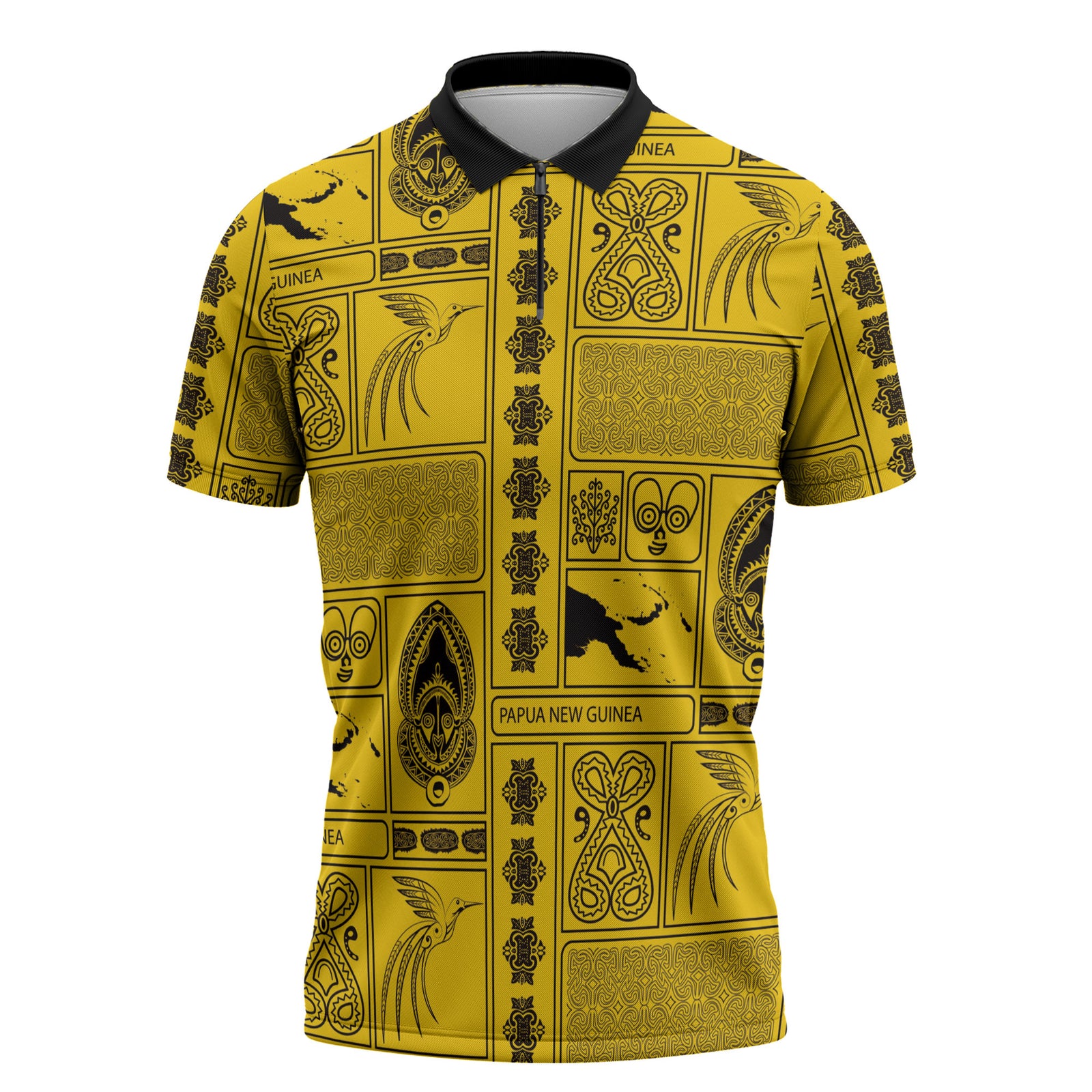 Papua New Guinea Heritage Motif Zipper Polo Shirt Yellow Version LT05 Yellow - Polynesian Pride