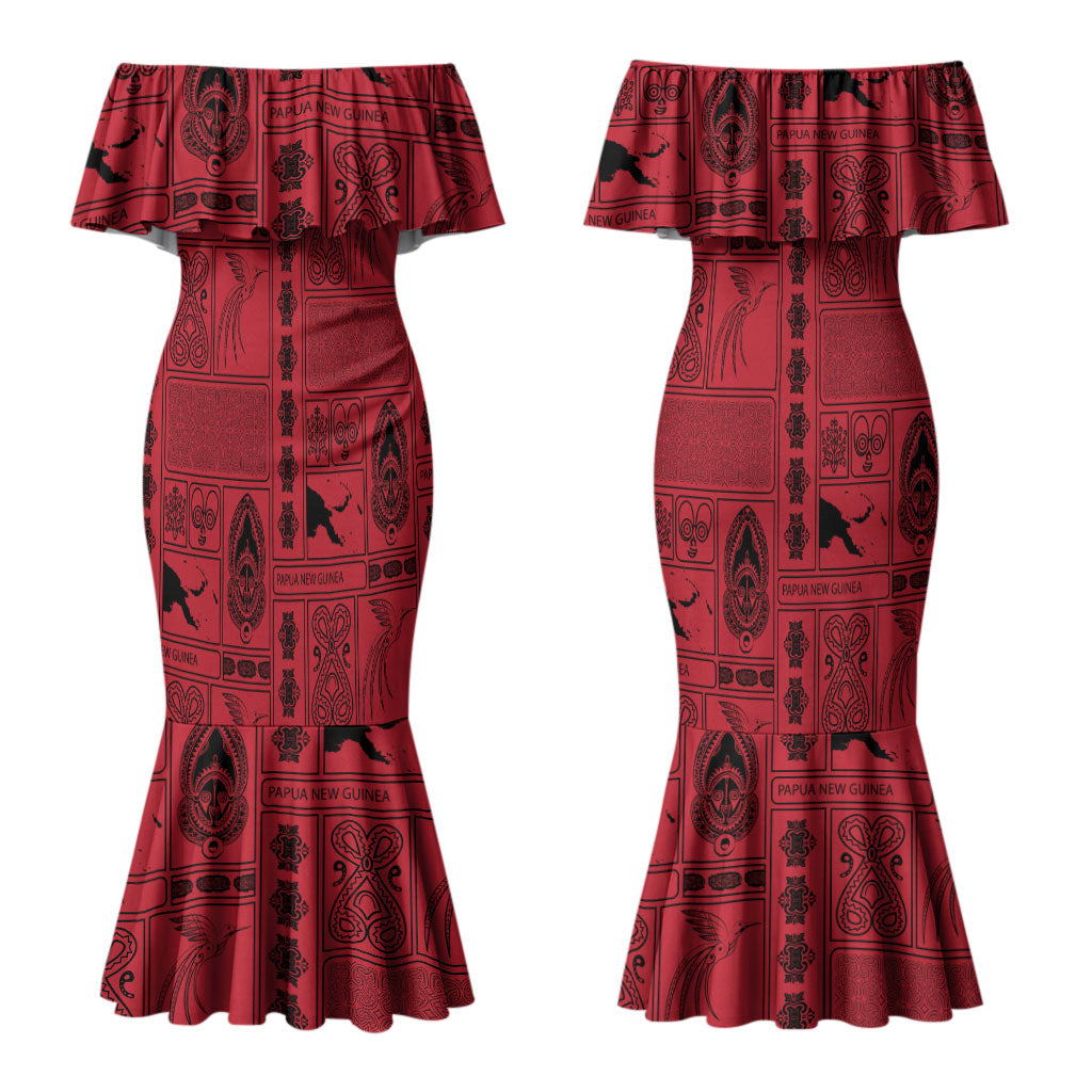 Papua New Guinea Heritage Motif Couples Matching Mermaid Dress and Long Sleeve Button Shirt Red Version LT05 - Polynesian Pride