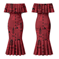 Papua New Guinea Heritage Motif Couples Matching Mermaid Dress and Long Sleeve Button Shirt Red Version LT05 - Polynesian Pride