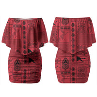 Papua New Guinea Heritage Motif Couples Matching Off Shoulder Short Dress and Long Sleeve Button Shirt Red Version LT05 - Polynesian Pride