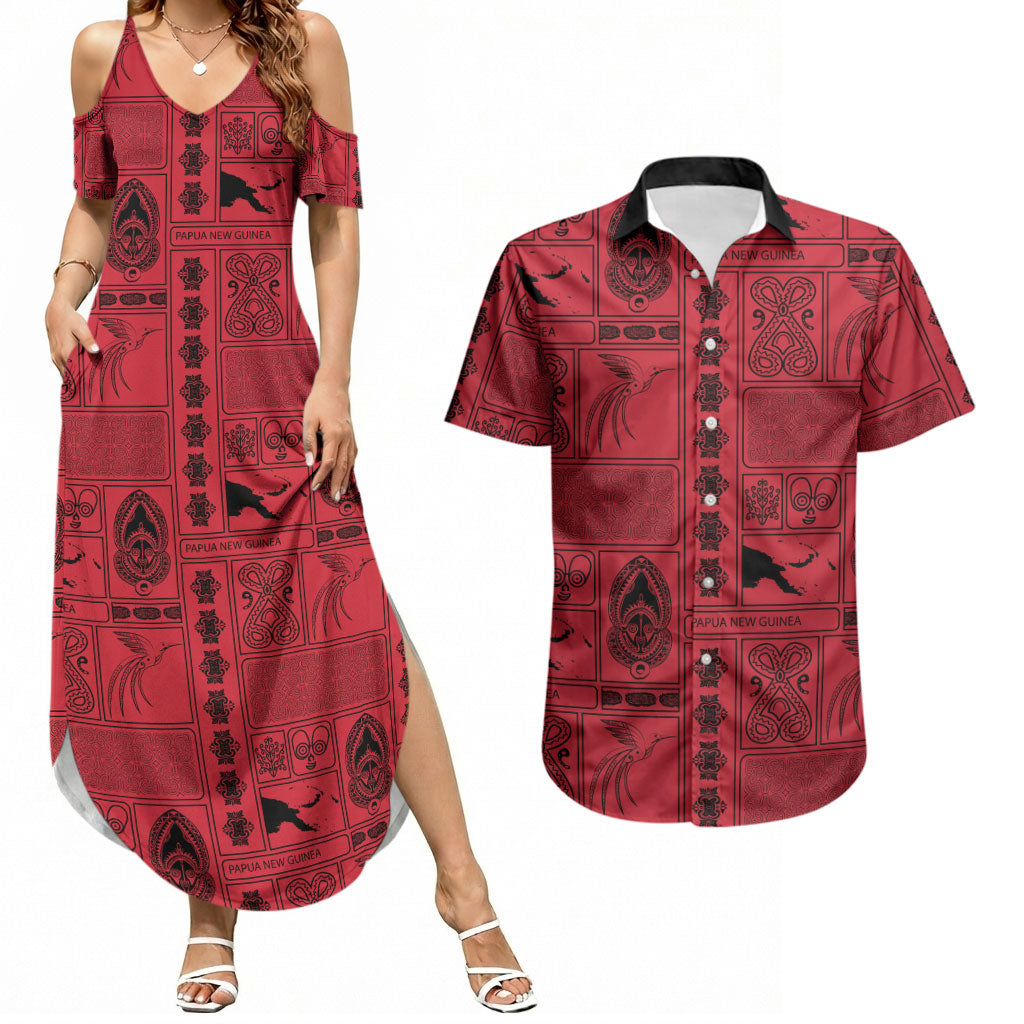 Papua New Guinea Heritage Motif Couples Matching Summer Maxi Dress and Hawaiian Shirt Red Version LT05 Red - Polynesian Pride