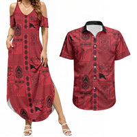 Papua New Guinea Heritage Motif Couples Matching Summer Maxi Dress and Hawaiian Shirt Red Version LT05 Red - Polynesian Pride