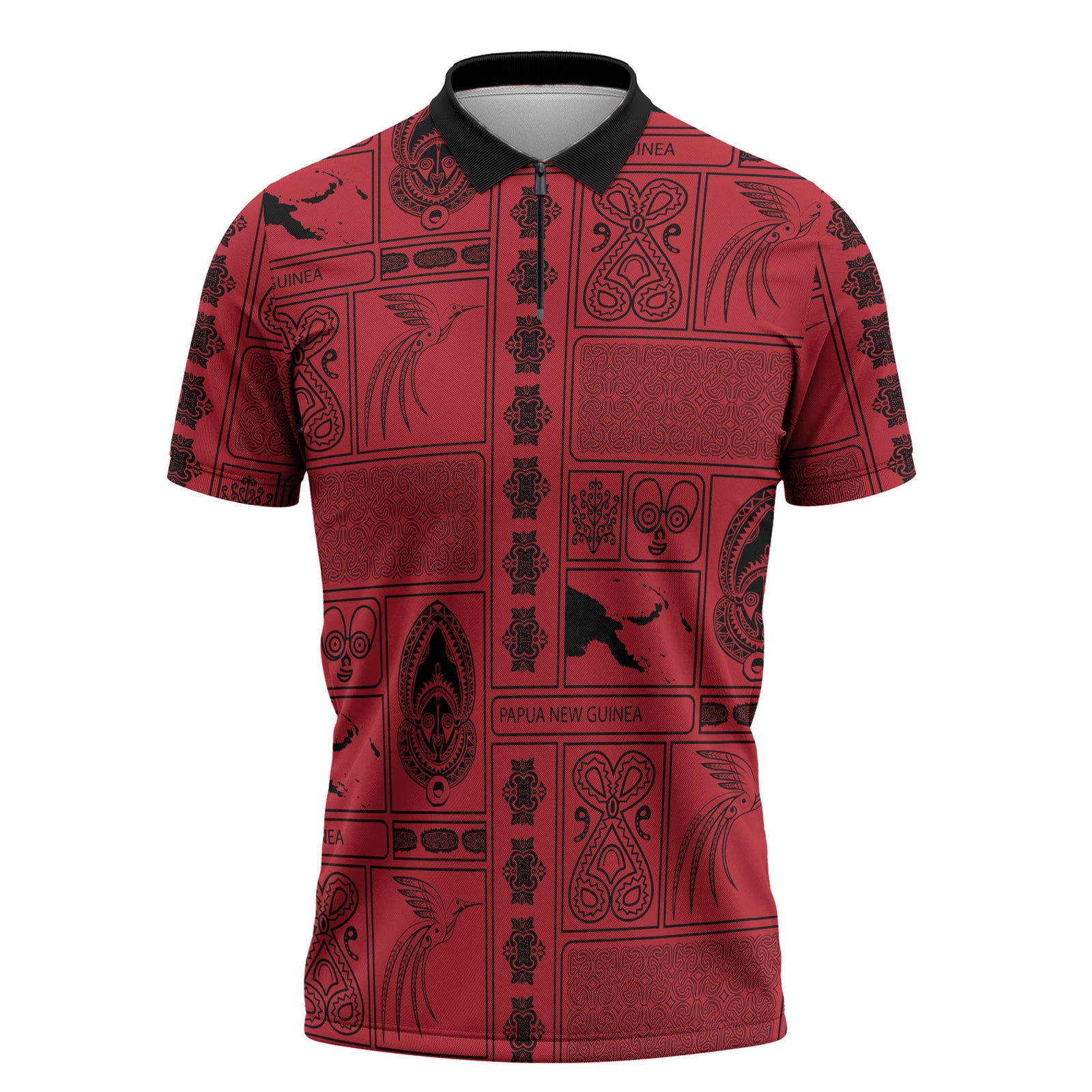 Papua New Guinea Heritage Motif Zipper Polo Shirt Red Version
