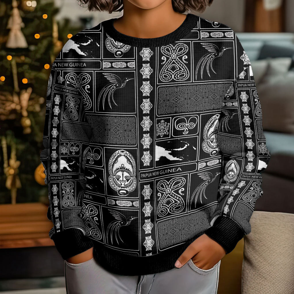Papua New Guinea Heritage Motif Kid Ugly Christmas Sweater Black Version LT05 - Polynesian Pride